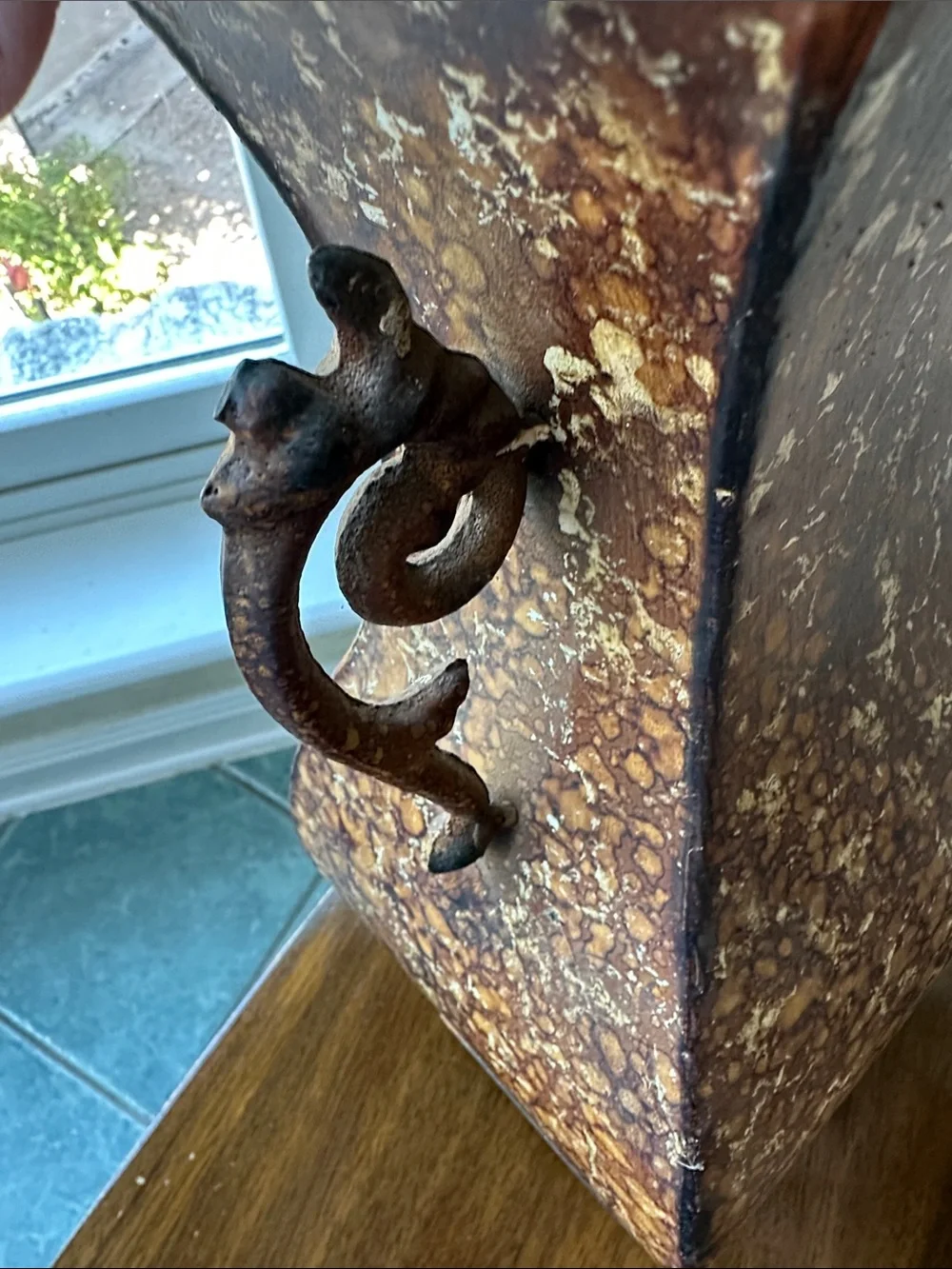 Pair of Brown Speckled Metal Urn Vases with Scroll Handles